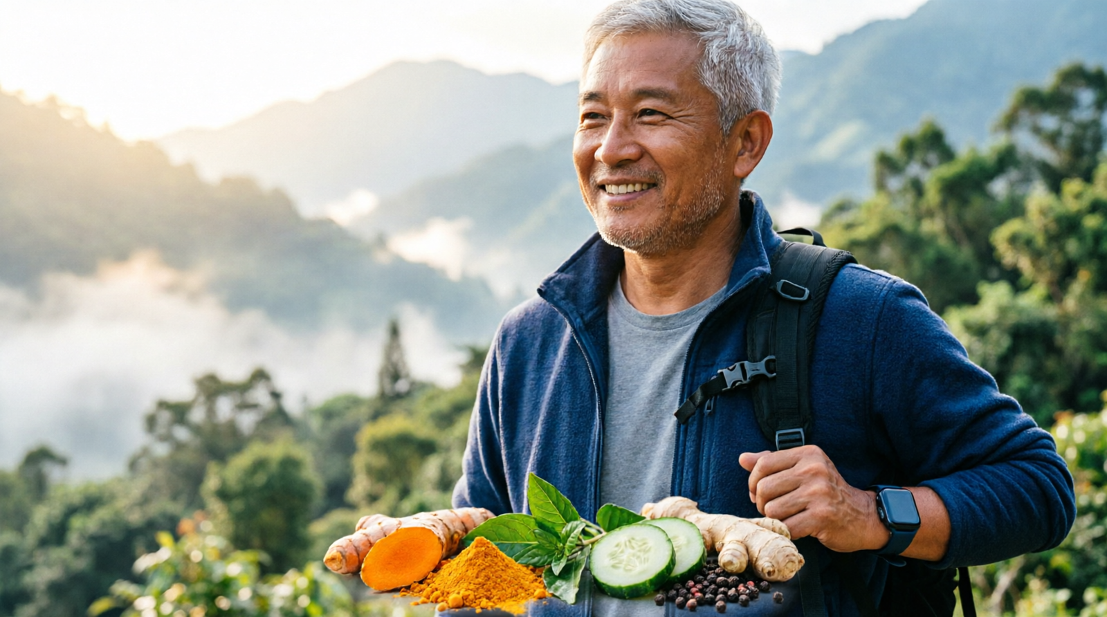 Smiling active mature man in a navy jacket with a backpack on a misty mountain trail, with turmeric, ginger, cucumber and green leaves at the base