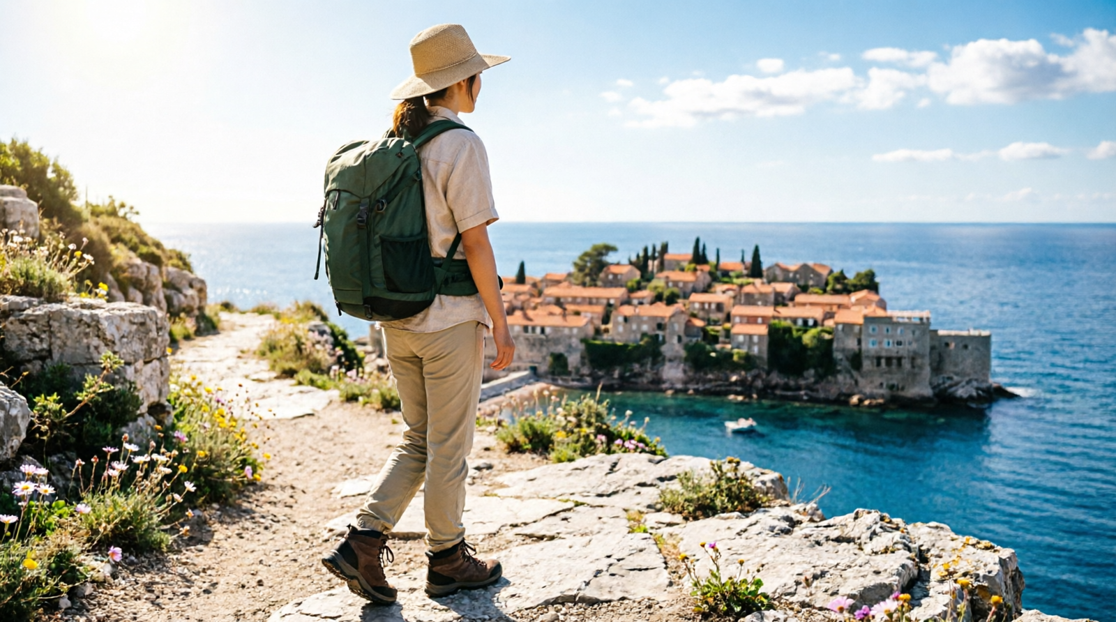 Hiker with a sun hat overlooking a coastal town at sunset