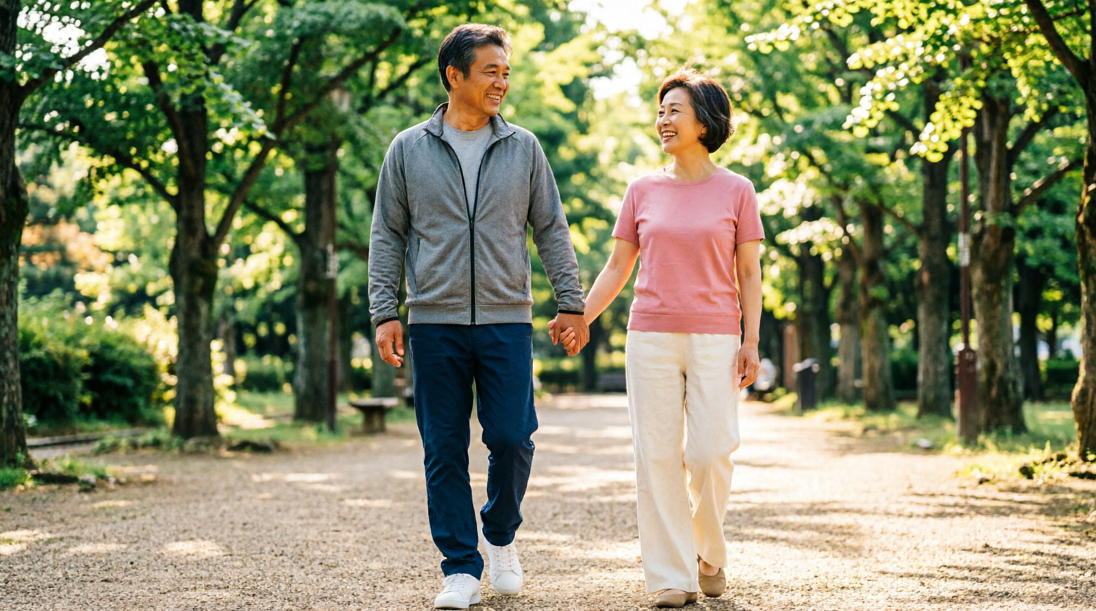 Mature couple walking hand in hand through a sunny park