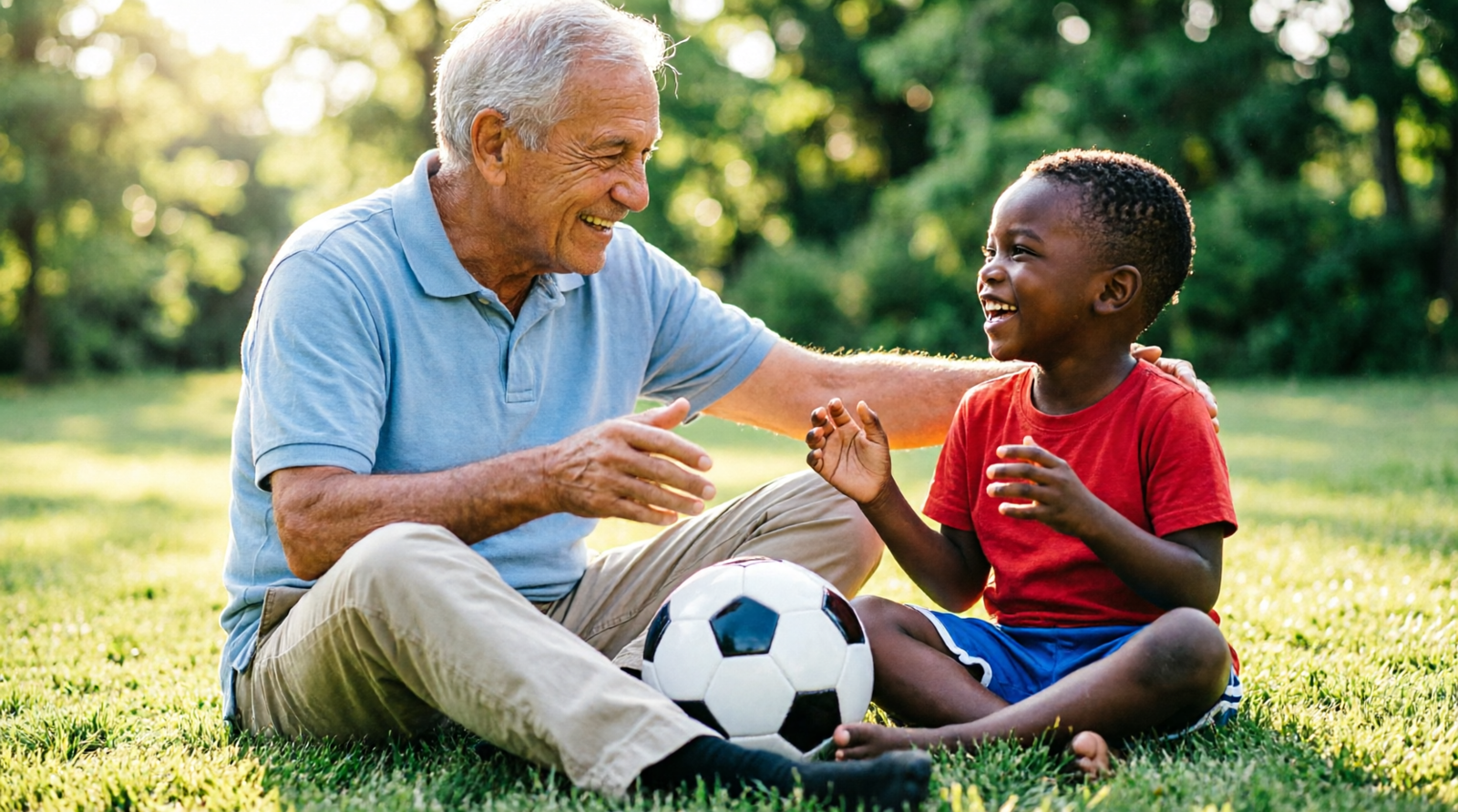 Smiling grandfather sitting on grass with his grandson and a soccer ball