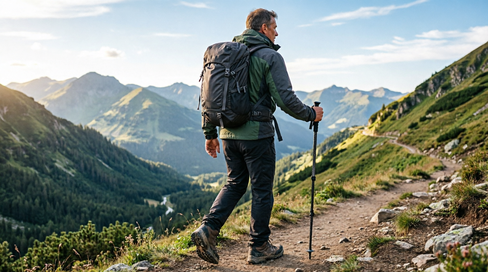Active man hiking a scenic mountain ridge with a backpack