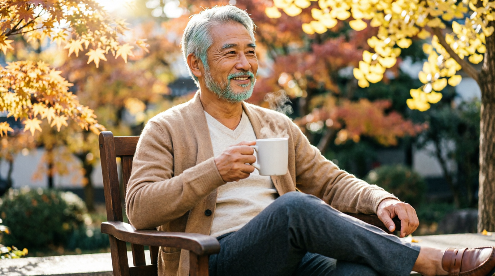 Relaxed mature man enjoying a warm drink outdoors in soft natural light
