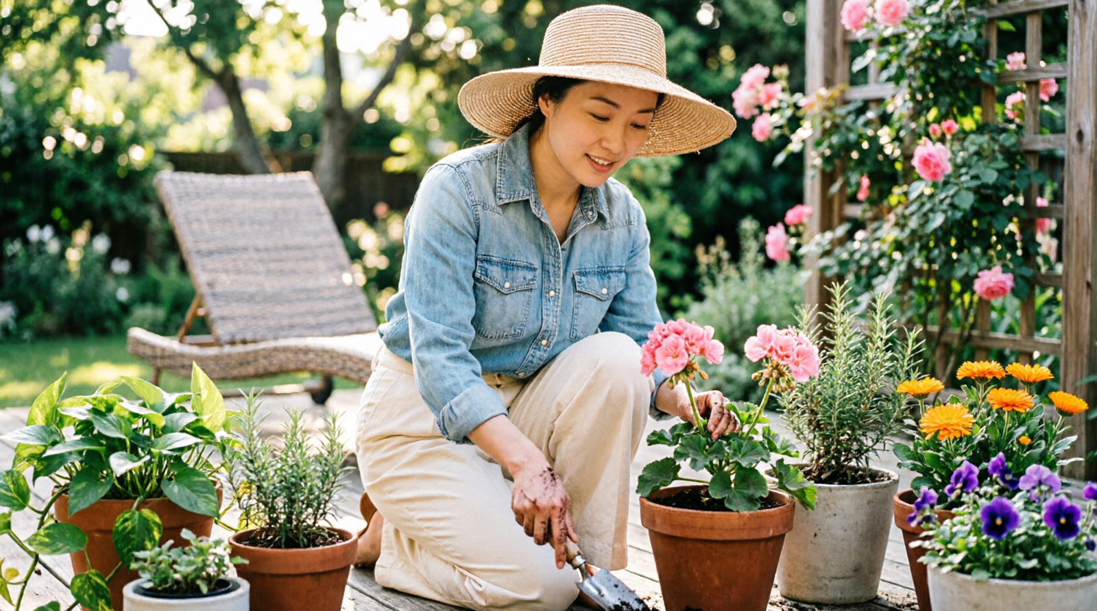 Woman in a sun hat tending potted flowers while gardening